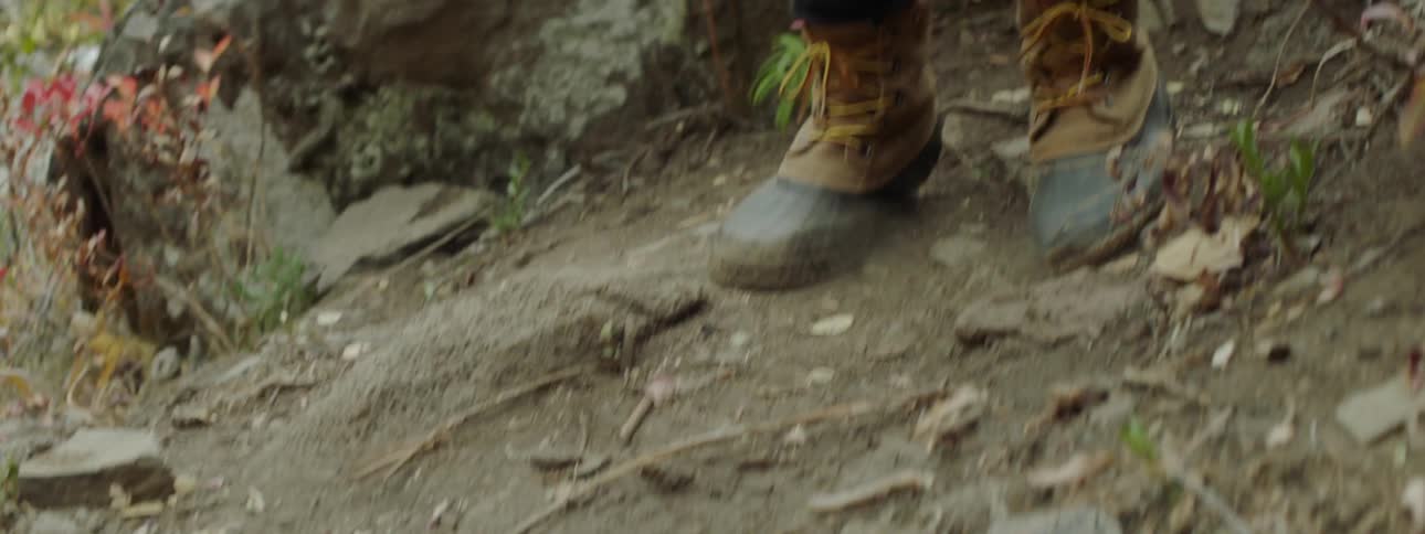 Person hopping down from a rock while hiking in a wilderness area