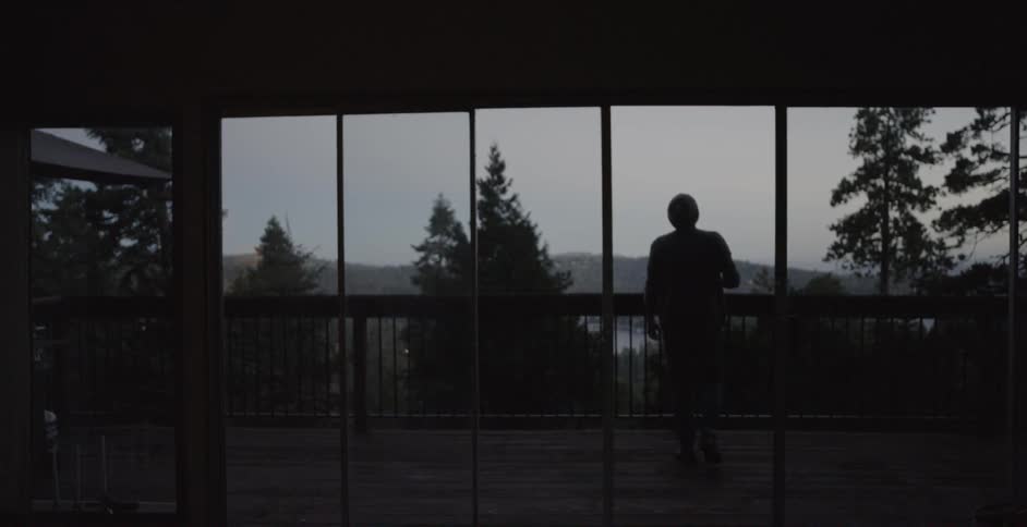A man walks onto a balcony overlooking a forest