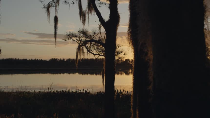 The surrounding trees and sunset are reflected on the lake surface