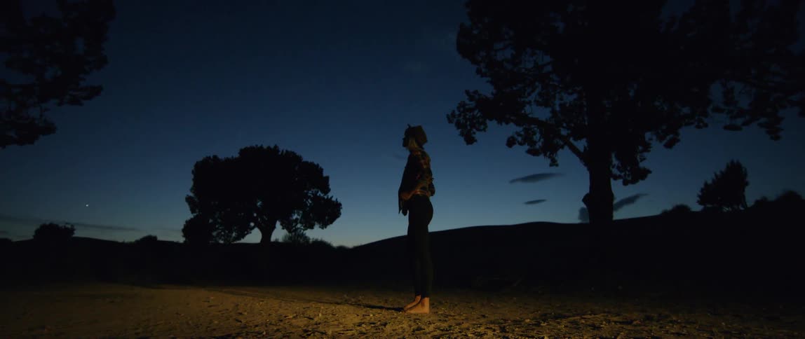 A woman stands outside at night and looks at the sky