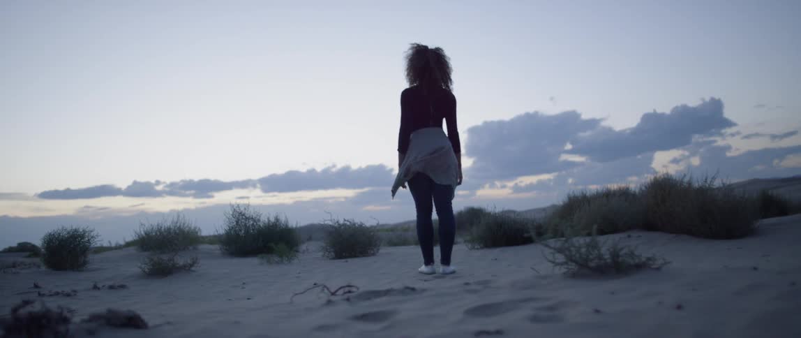 A woman stands alone in a desert at sunset
