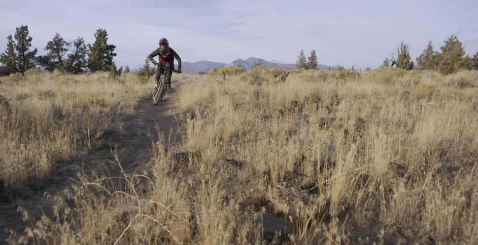 A person biking across a yellow grass field
