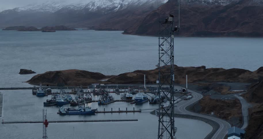 Boats in a harbor surrounded by mountains and eagles