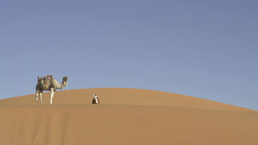 A man sits down to pray with his camel in the desert
