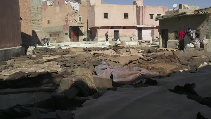A craft trade animal hides cover the ground in a town