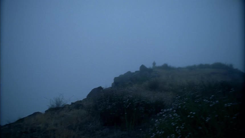 A woman wearing a trench coat stands on a slope on a cloudy day