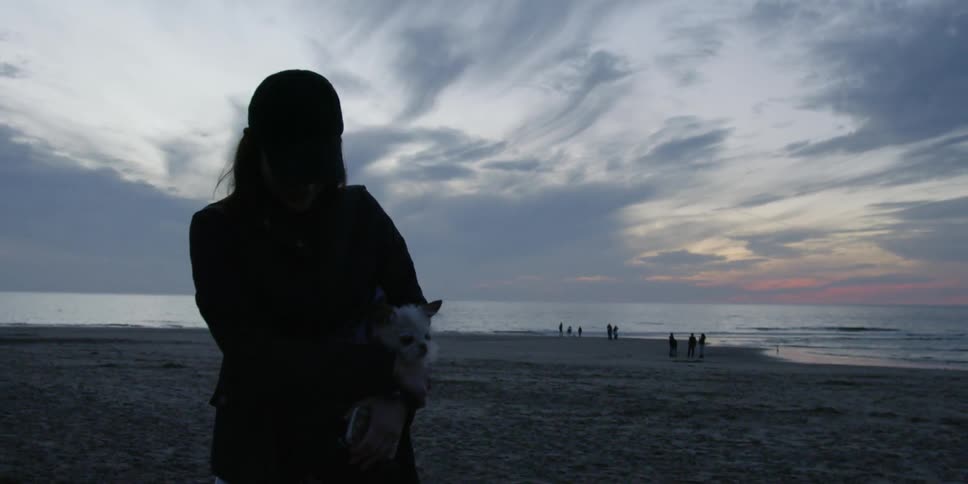 A woman carries a dog on a beach at sunset