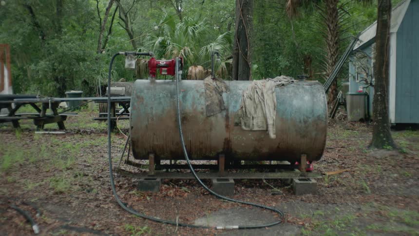 A large propane tank sits in a clearing with picnic tables