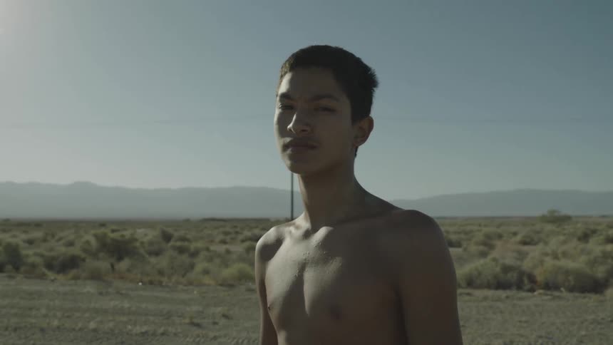 Man without shirt stands on a field on a sunny day