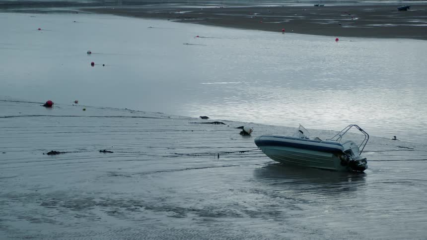 A boat sits on a lakeshore