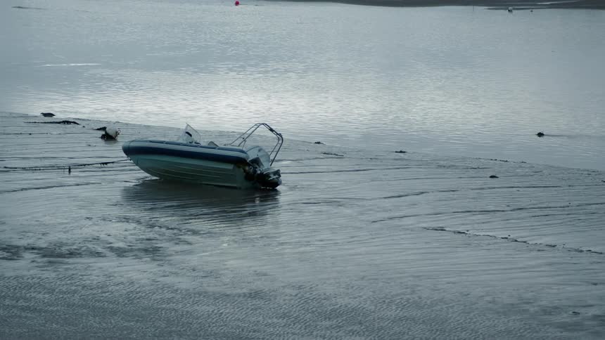 A boat sits on a lakeshore