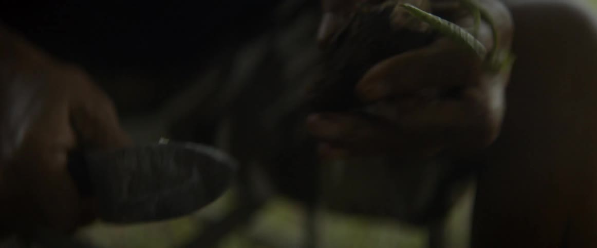 Man lifts a potato from the ground and cuts off the ends