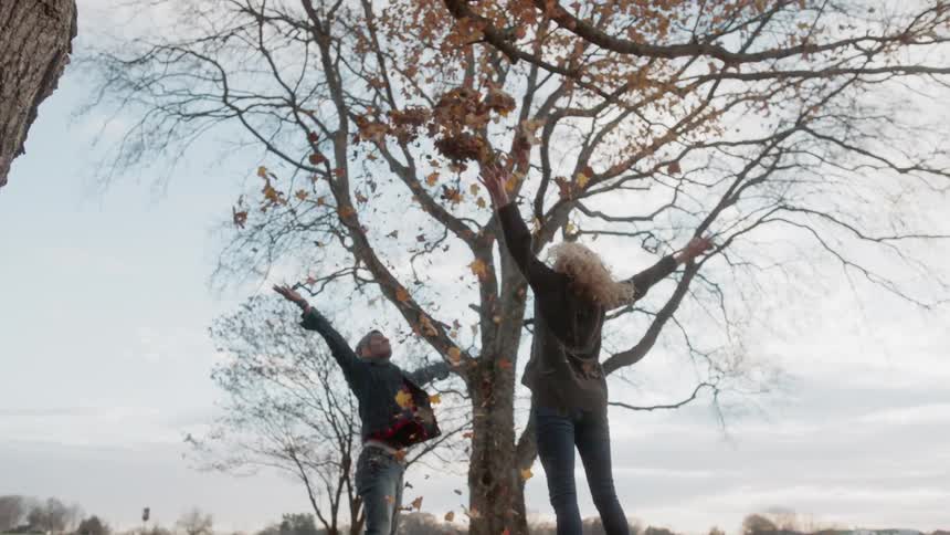 A man and woman playfully throw fallen leaves into the air