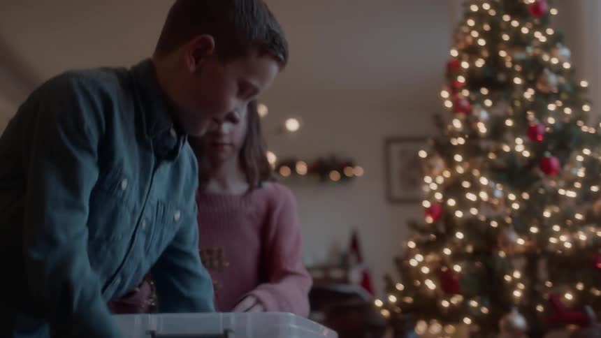 A boy and girl pull christmas decorations from a box