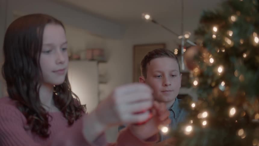 Boy and girl hang christmas ornaments on a tree