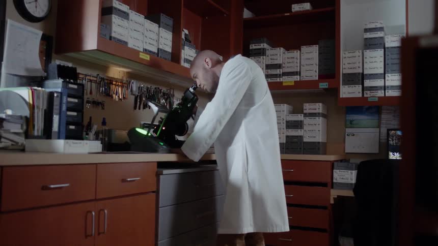 Lab technician looks through a microscope