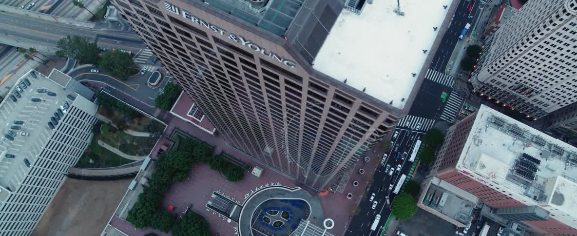 Flying over a city skyline