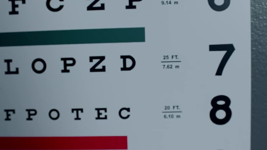 Letters and numbers are being displayed on an eye exam chart in an office