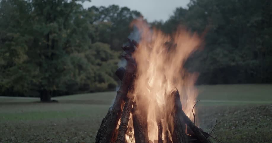 A bonfire burns in a field
