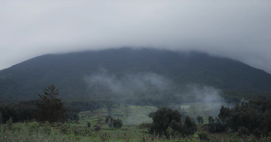 Fog is billowing upwards from the ground