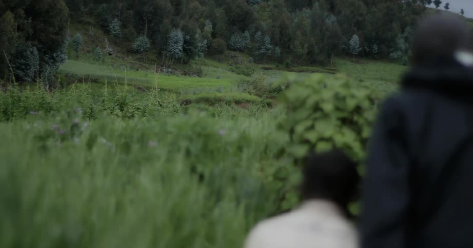 A man and boy are walking through a open field