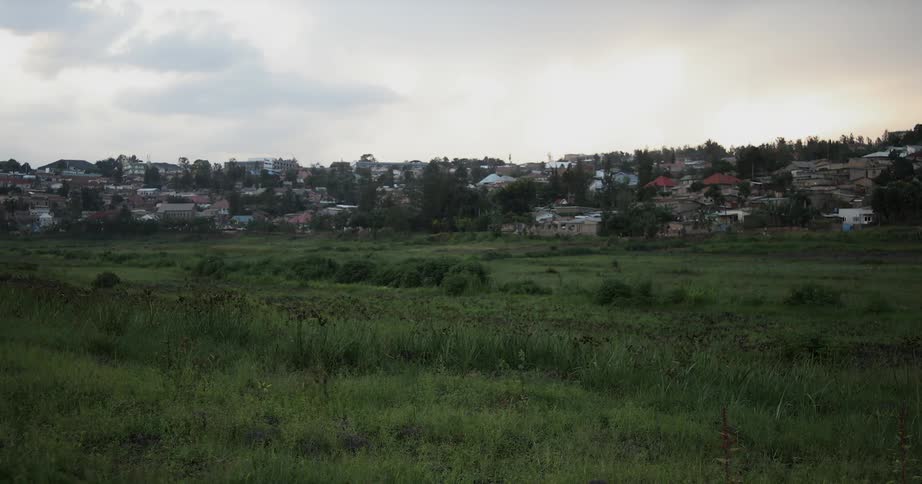 Across a wide green field are many buildings of a town