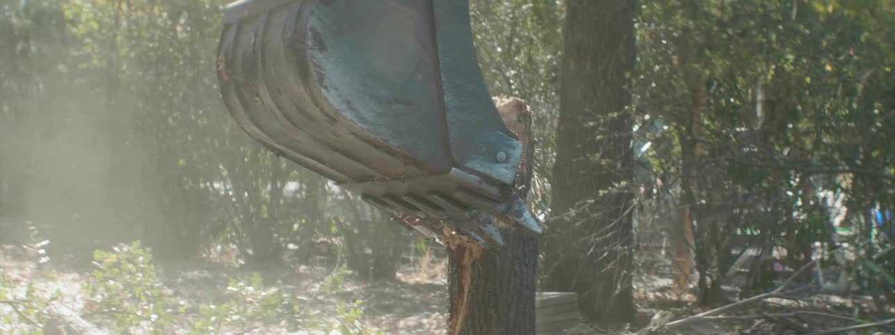 A piece of construction equipment is used to push a tree trunk