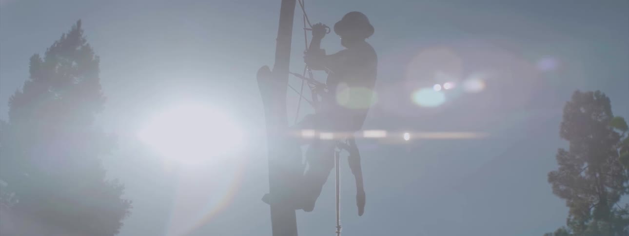 A man is hanging from a pole pulling a rope overhead