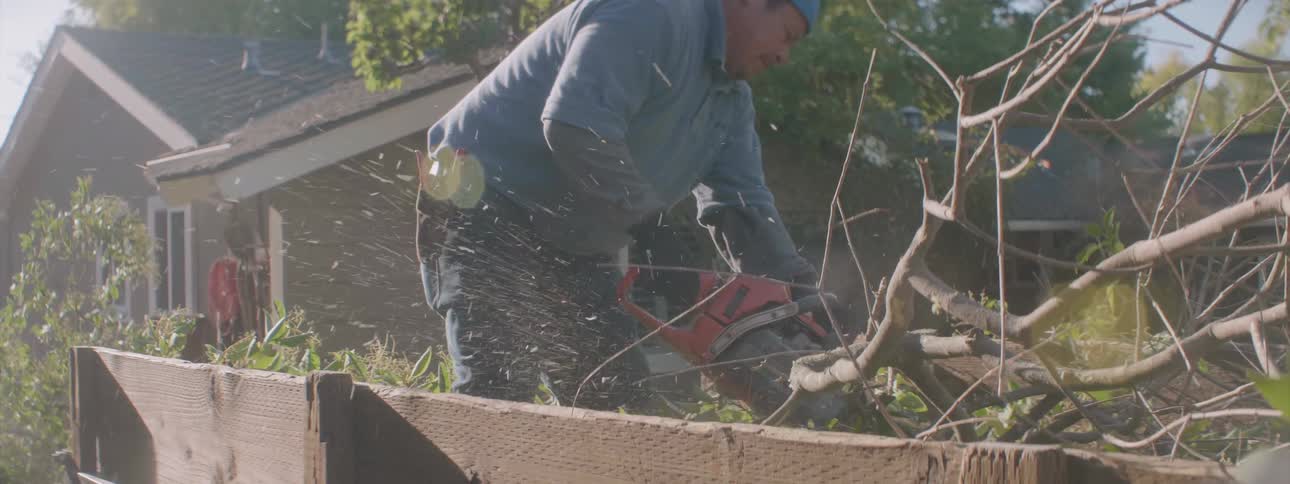 A man cuts tree branches with a chainsaw