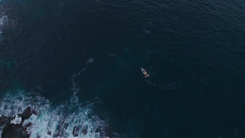 A boat travels on the water by the rocky shore