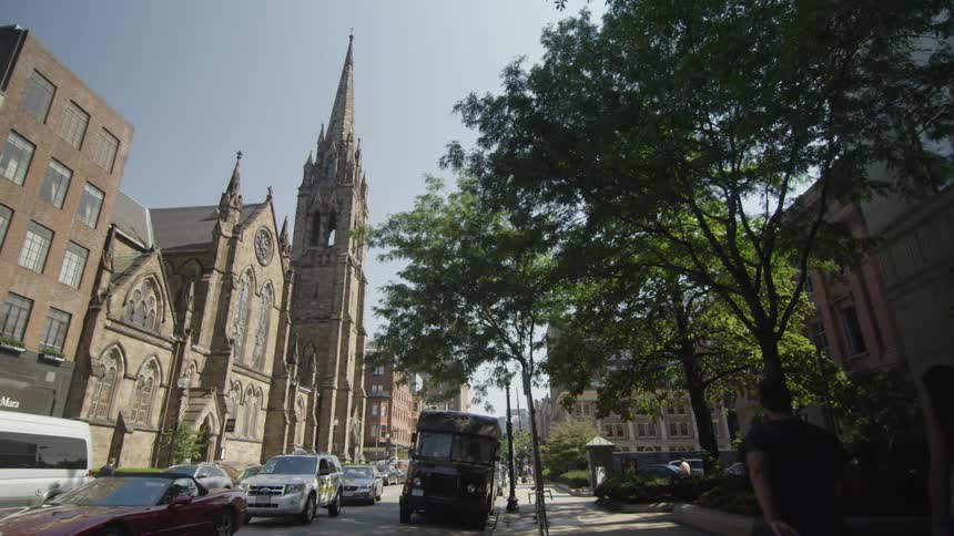 busy street with old church