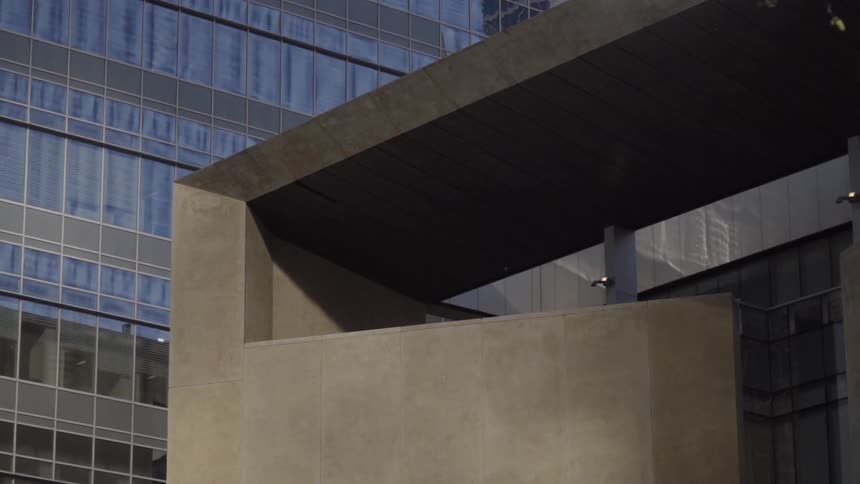 Large angular building in a city