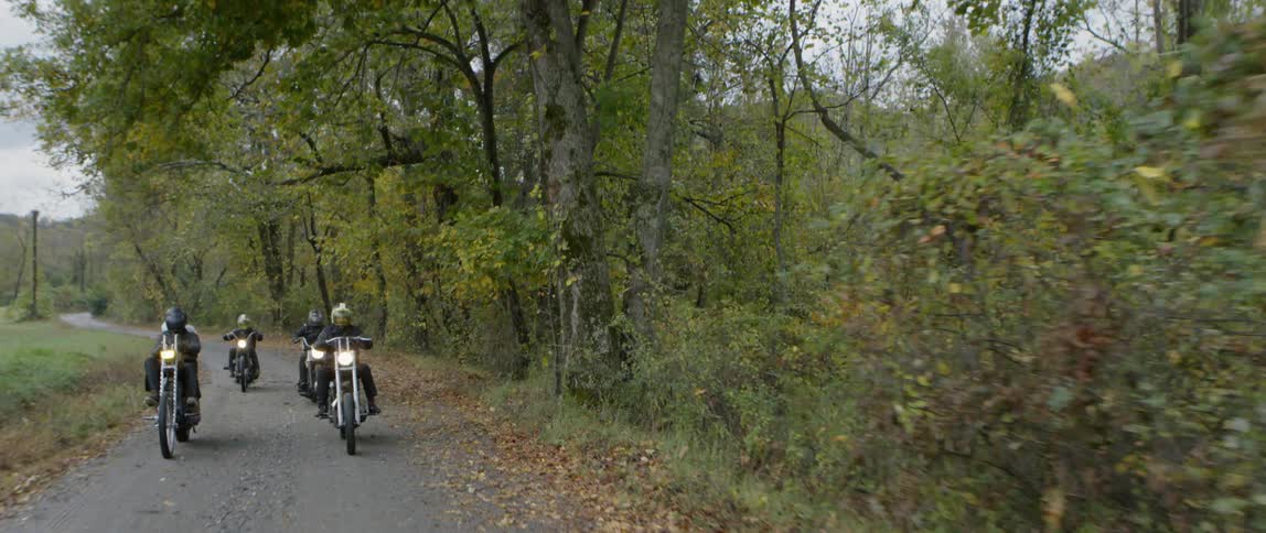 Motorcyclists ride through a forest