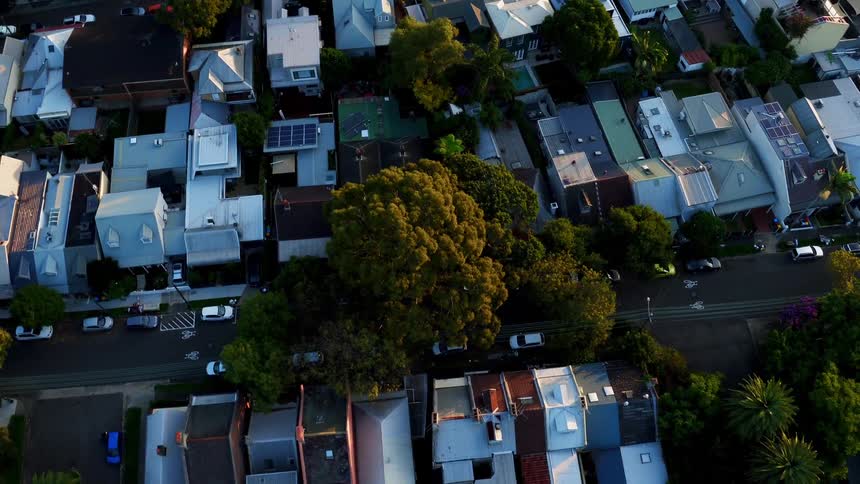 A city with many buildings, trees, streets and cars