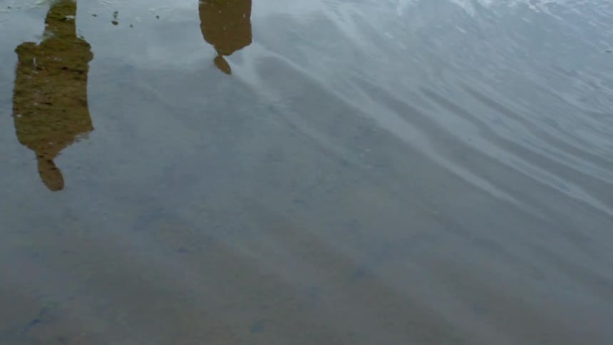 People are reflected in rippling water