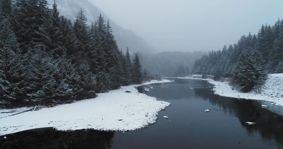 Snow falls on trees and a mountain stream