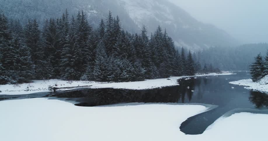 Snow falls on a tree lined lake