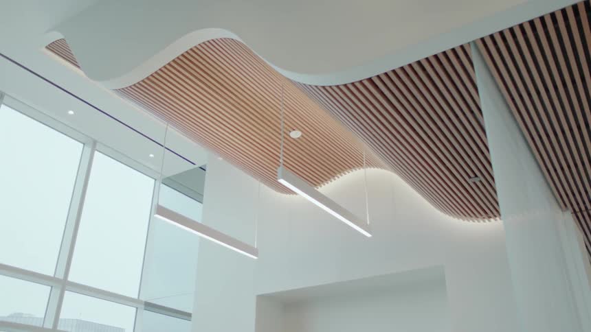 Beams hang from an elaborate ceiling