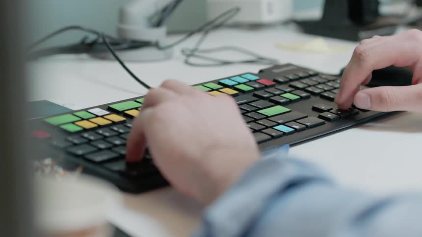 Someone is using a computer keyboard with multi colored keys