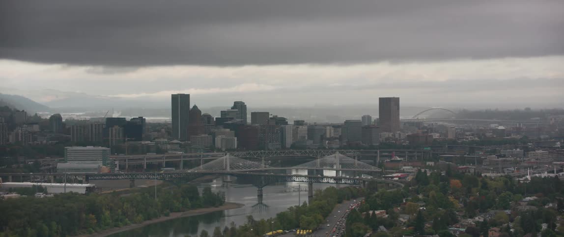 Storm clouds hang over the city