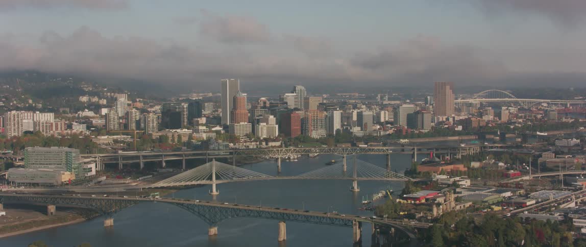 Bridges span a city river
