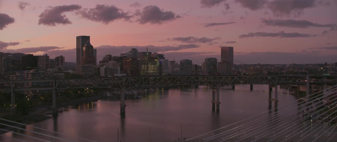 Bridges stretch across the water into the city