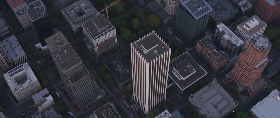 Tall city buildings tower into the sky