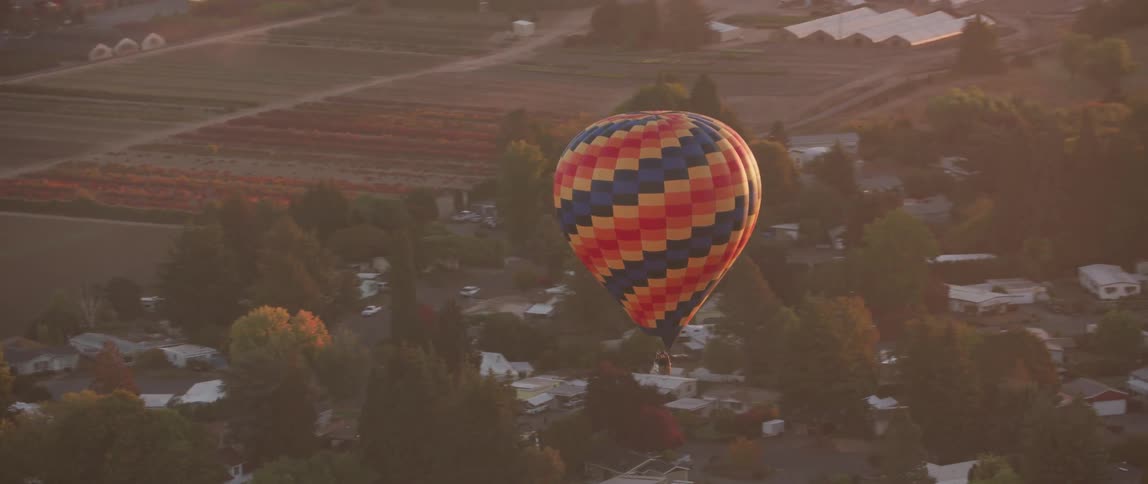 Hot air balloon floats over a field