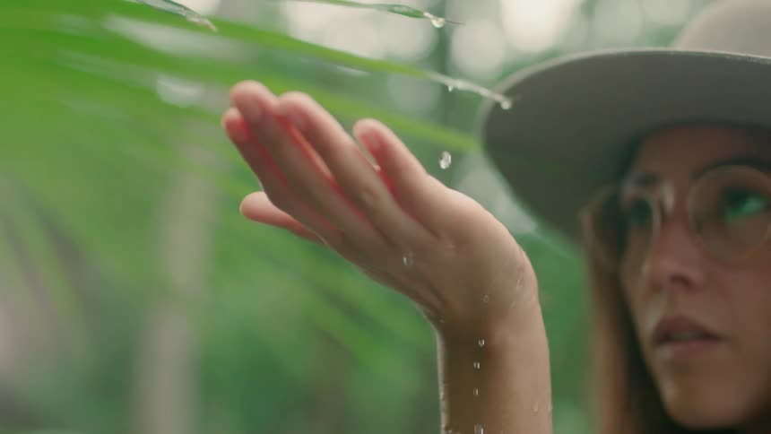 A woman is catching drops of water from a palm frond outside during the day