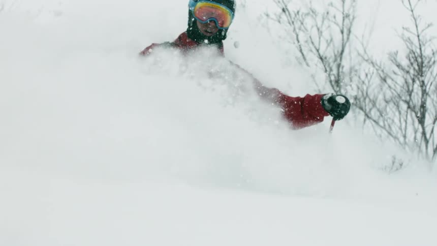 Skier glides down a snowy mountainside
