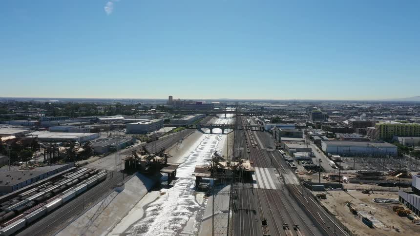 Water flows through an industrial area