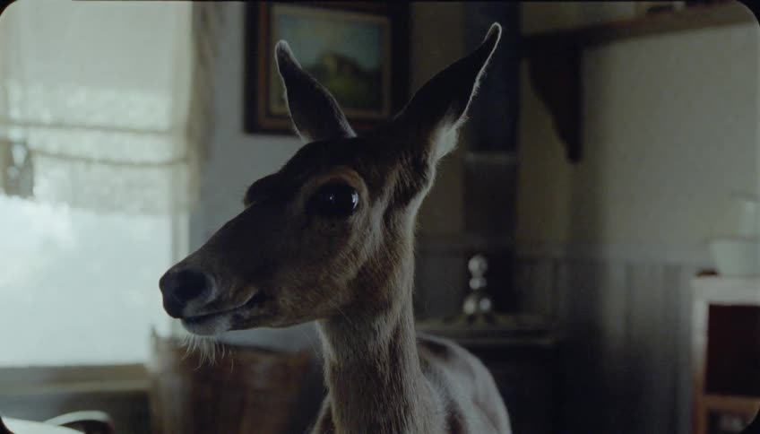 A deer stands in a living room