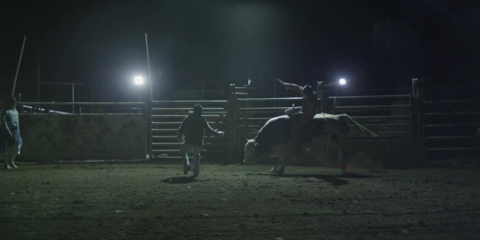 A man is galloping on a bull in the rodeo at night