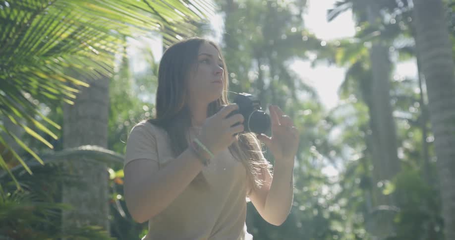 A woman photographs trees on a sunny day
